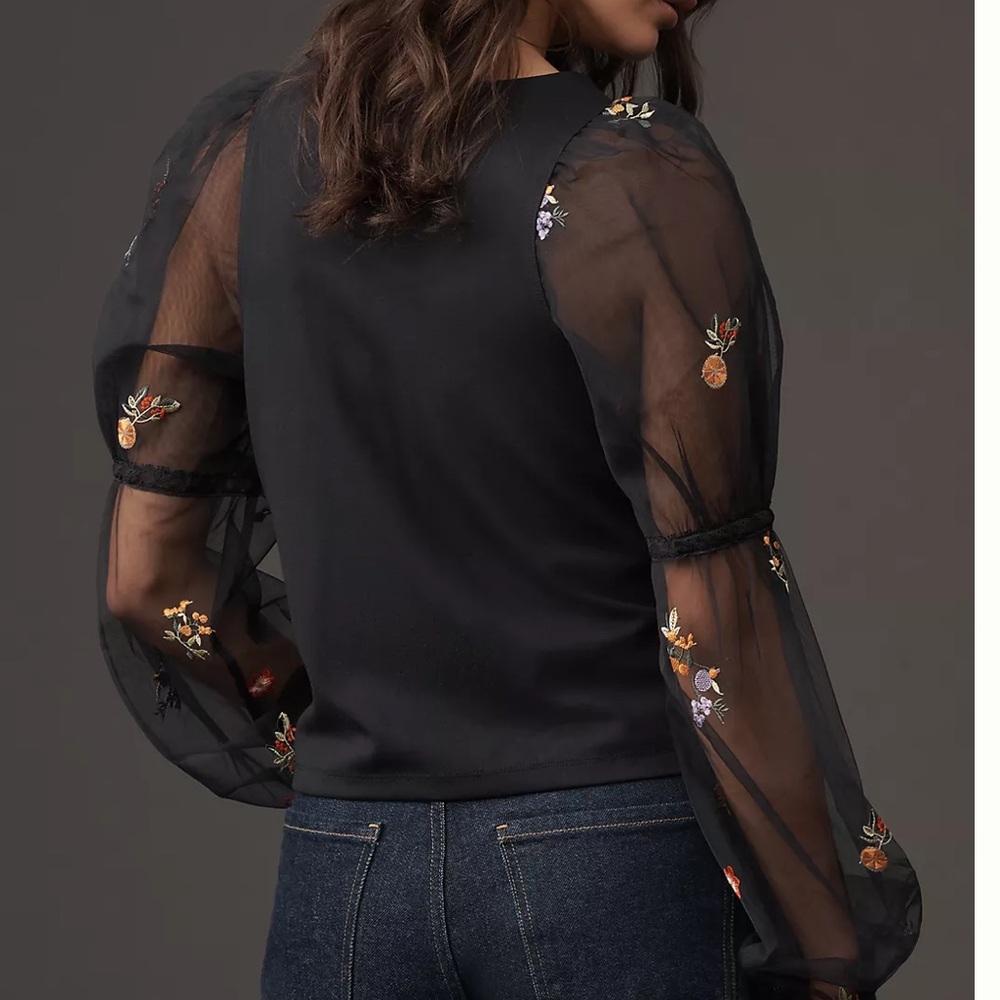 Maeve Embroidered Sheer-Sleeve Blouse NWT - Picture 8 of 12